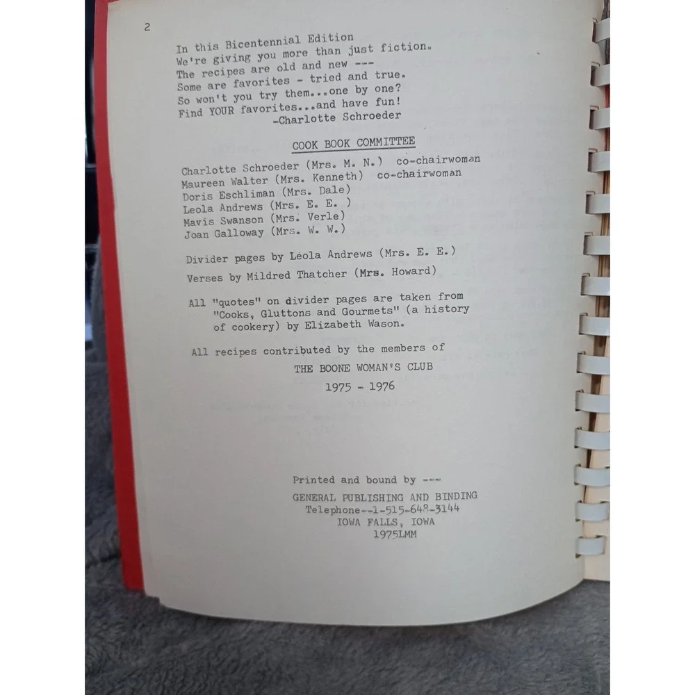 Boone Woman's Club Cookbook Boone,‎ Iowa Bicentennial Edition 1976 Local Recipes